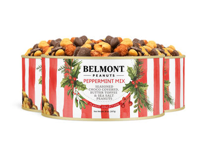 The Belmont 20 oz. 3-Pack Holiday Peppermint Mix tin features red stripes and festive greenery, and is filled with chocolate-covered peanuts, butter toffee peanuts, and sea salt peanuts for a cheerful holiday treat.