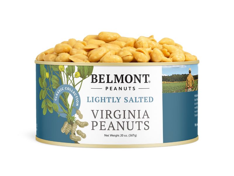 A can of Belmont Peanuts labeled "Lightly Salted" is filled with extra-large, shelled peanuts. The blue and white label features a peanut illustration and a farmer working in a field.