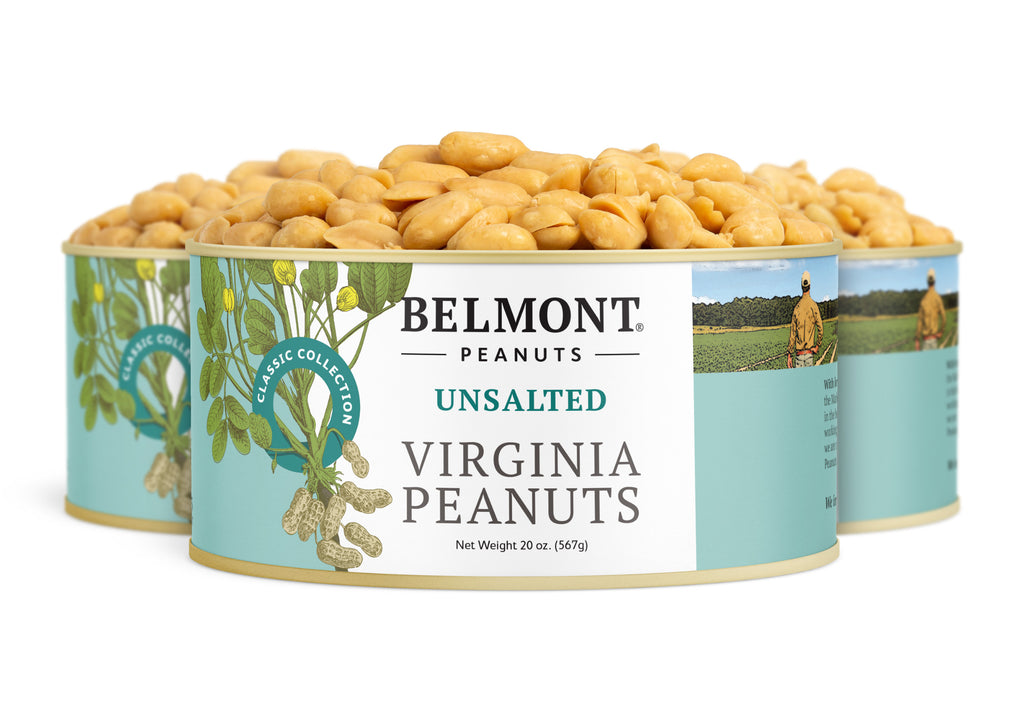 Three cans of Belmont Peanuts Unsalted are shown, each filled to the top with premium peanuts. The labels display peanut plants, a farmer in a field, and text emphasizing these no salt added snacks.