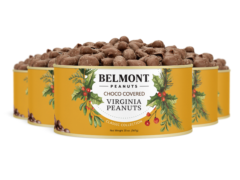 Five yellow tins of Holiday Chocolate Covered Peanuts, filled with gourmet chocolate-coated Virginia peanuts and decorated with pine and holly, are arranged in a semicircle—making a perfect holiday gift.