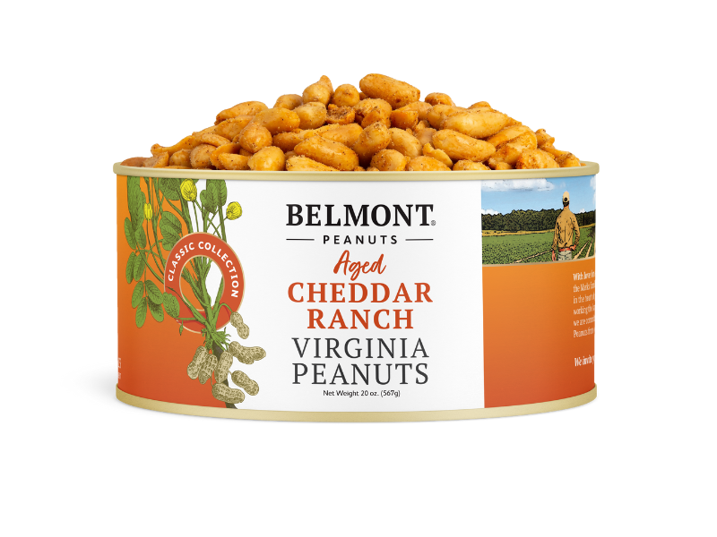 A can of Aged Cheddar Ranch Virginia Peanuts, with an orange and white label, features peanuts illustrated on the left and a pile of seasoned Virginia peanuts overflowing from the open top.