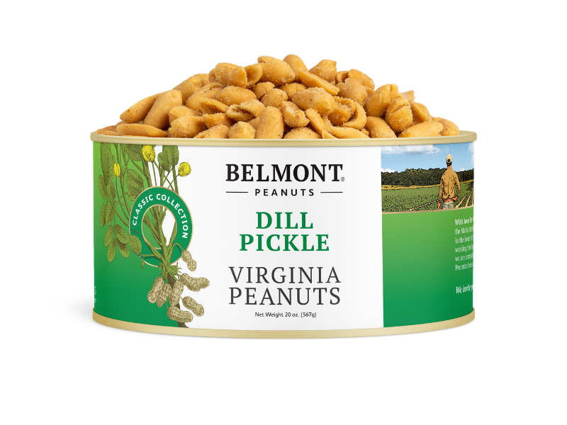 A can of Belmont Peanuts Dill Pickle features seasoned Virginia peanuts, with a label showing peanuts, a dill plant, and a farmer in a field.
