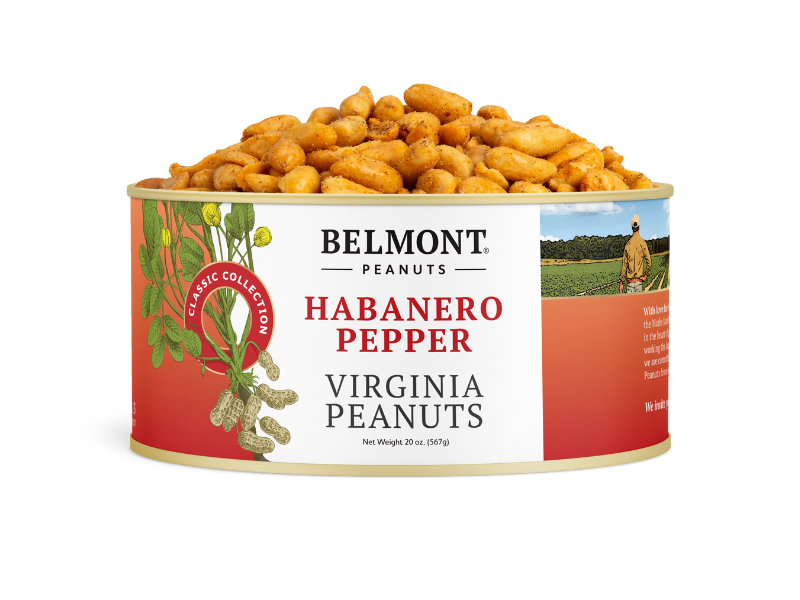 A can of Habanero Pepper Virginia Peanuts features an image of peanuts in pods, with a spicy pile of coated Virginia peanuts on top of the open can.