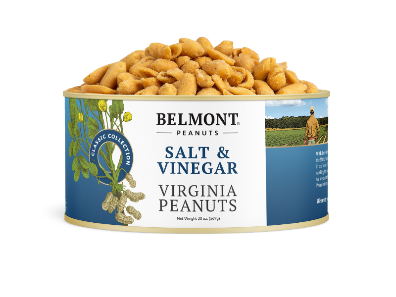 A can labeled Salt & Vinegar is filled with gourmet peanuts and features illustrations of peanut plants plus a photo of a person standing in a peanut field.