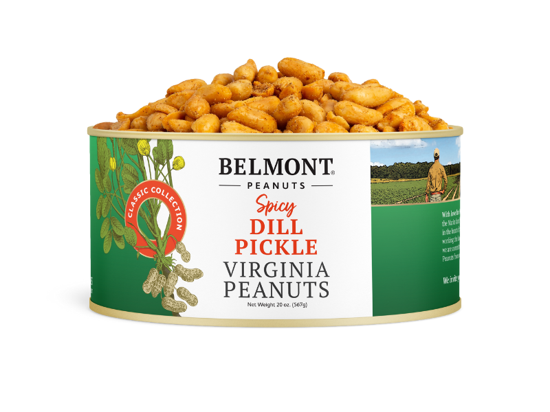 Belmont Peanuts Spicy Dill Pickle features bold, spicy Virginia peanuts in a green and white can with peanut and field illustrations—perfect for fans of flavorful snacks.