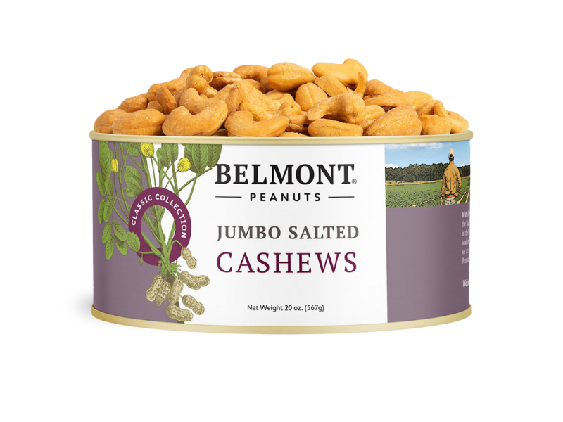 A 20 oz. can of Belmont Peanuts Jumbo Salted Cashews features a peanut illustration, a small farm scene, and Classic Collection on the label—filled with delicious roasted cashews for a healthy snack.