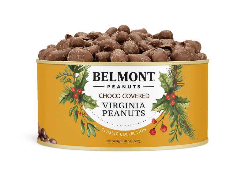 A festive yellow tin labeled "Holiday Chocolate Covered Peanuts" with holiday greenery and red berries, filled with gourmet Virginia peanuts coated in chocolate—an ideal holiday gift.