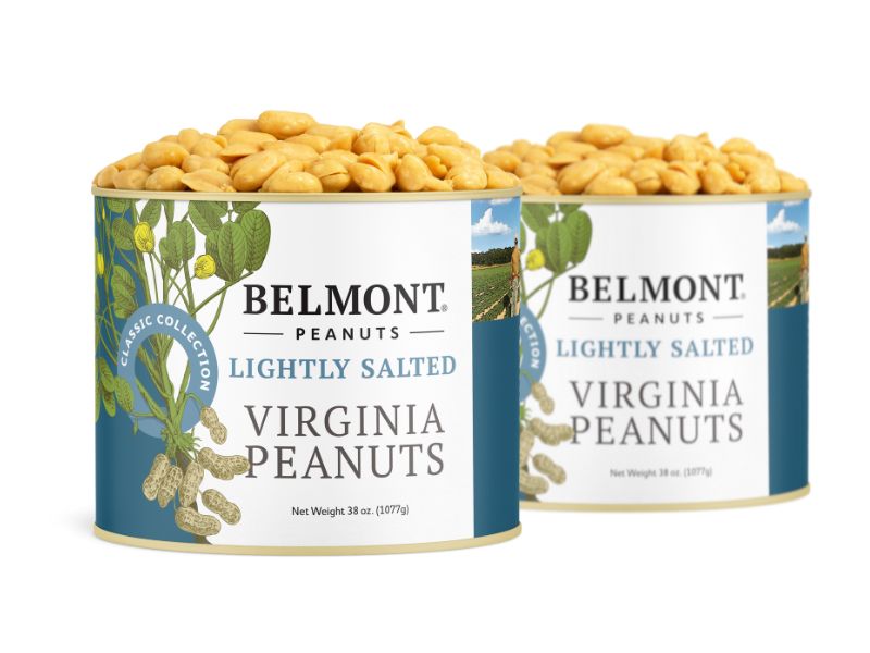 Two cans of Belmont Classic Collection Lightly Salted Virginia peanuts, extra-large and filled to the top. Each can has a blue and white label with peanut illustrations and a scenic landscape image.
