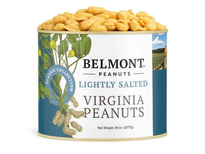 A 38-ounce can of Lightly Salted Virginia Peanuts features extra-large peanuts on the vine and a peanut field, and is packed with premium, lightly salted peanuts.