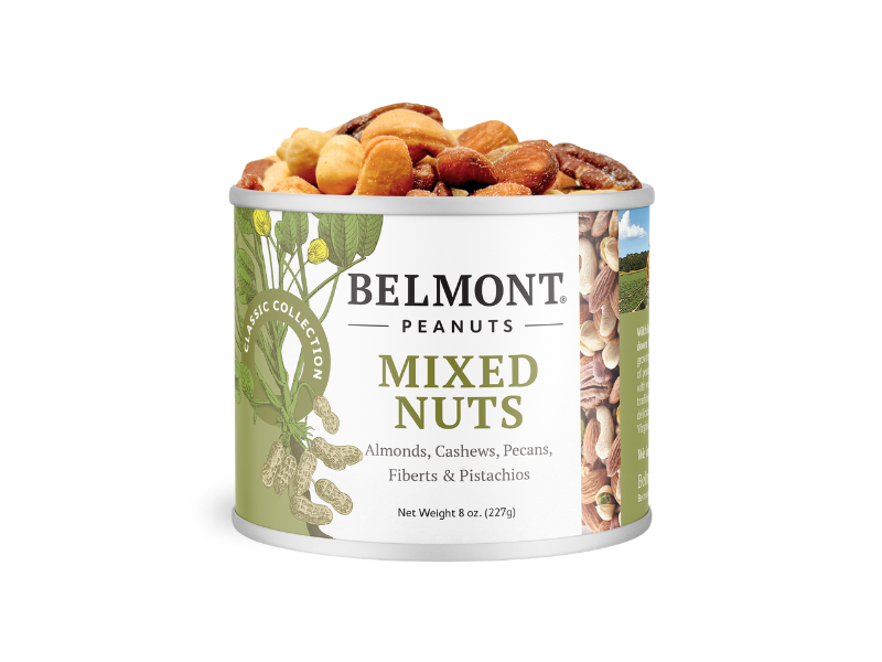 A can of Mixed Nuts, featuring almonds, cashews, pecans, filberts, and pistachios, with assorted nuts shown on top and peanuts illustrated on the label.