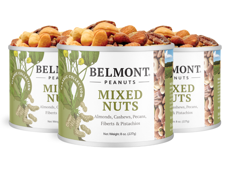 A group of containers filled with Mixed Nuts, a gourmet snack blend of almonds, cashews, and pecans.