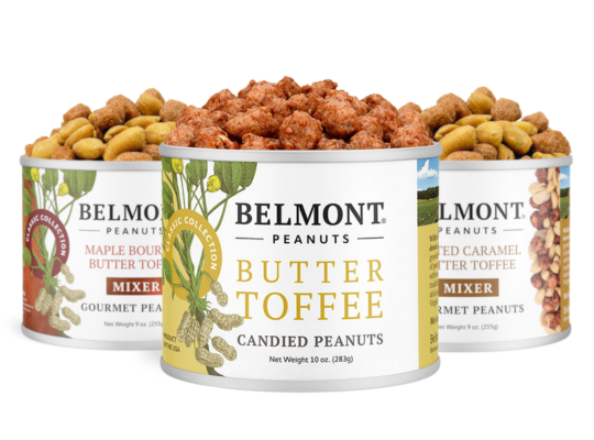 The Butter Toffee Peanuts Sampler is shown with three tins—Butter Toffee, Maple Bourbon, and Salted Caramel Peanuts—each filled to the brim with delicious, candied peanuts.