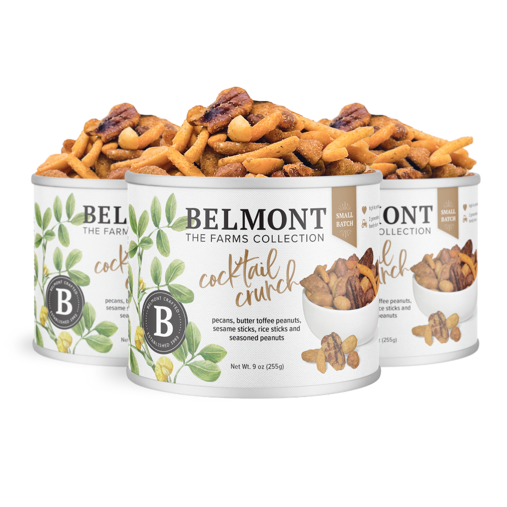 Three cans of Cocktail Crunch Mix are arranged in a row, with labels showing pecans, seasoned peanuts, and sesame sticks, set against a leafy green illustrated background.
