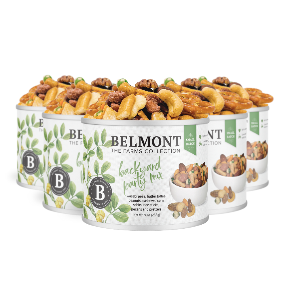 Five cans of Backyard Party Mix are arranged in a staggered row. The white cans feature green leafy designs and display assorted snacks like Wasabi Peas and Butter Toffee Candied Peanuts.
