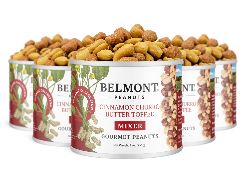 Four cans of Cinnamon Churro Butter Toffee Mixer are displayed, each labeled Gourmet Peanuts and filled with candied peanuts. Each can has a net weight of 9 oz (255g).