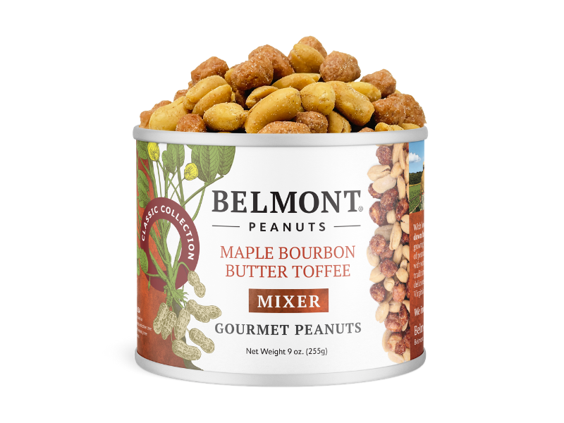 A 9 oz can of Maple Bourbon Butter Toffee Mixer peanuts with toffee-coated peanuts spilling out. The label features peanut and toffee images, and highlights the bold Maple Bourbon flavor in red text.
