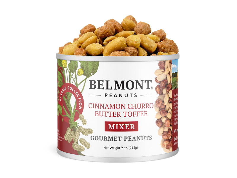 A 9 oz (255g) can of Belmont Peanuts “Cinnamon Churro Butter Toffee Mixer,” featuring gourmet butter toffee peanuts and illustrated candied peanuts on the label.