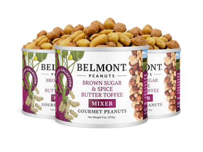Three cans of Brown Sugar & Spice Butter Toffee Mixer peanuts, with candied peanuts overflowing from the tops. The cans are white with purple and nut-themed labels.