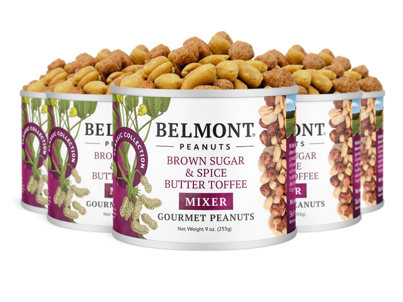 Five cans of Brown Sugar & Spice Butter Toffee Mixer, filled with candied Virginia peanuts, are grouped together. Each can features a purple and white label with images of peanuts and leaves.