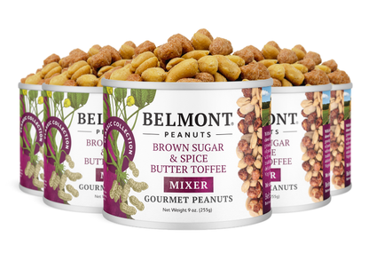 Five cans of Brown Sugar & Spice Butter Toffee Mixer, filled with candied Virginia peanuts, are grouped together. Each can features a purple and white label with images of peanuts and leaves.