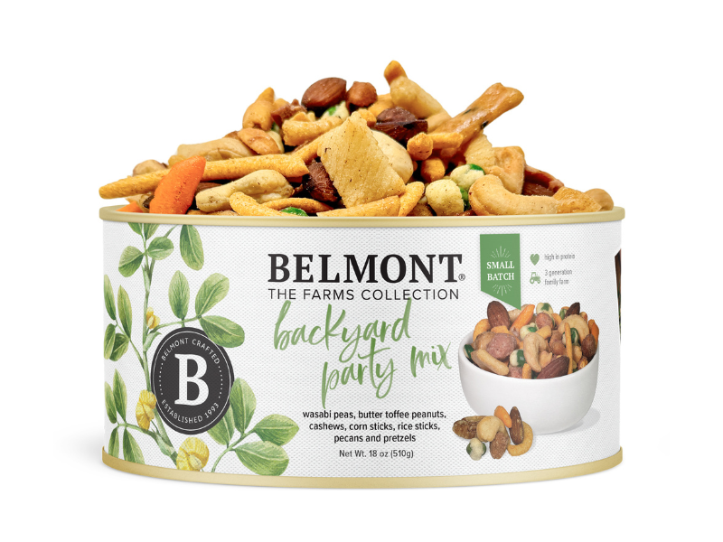 A can of Backyard Party Mix spills out Butter Toffee Candied Peanuts and Wasabi Peas. The label features a leafy design, images of nuts and snacks, and lists ingredients.
