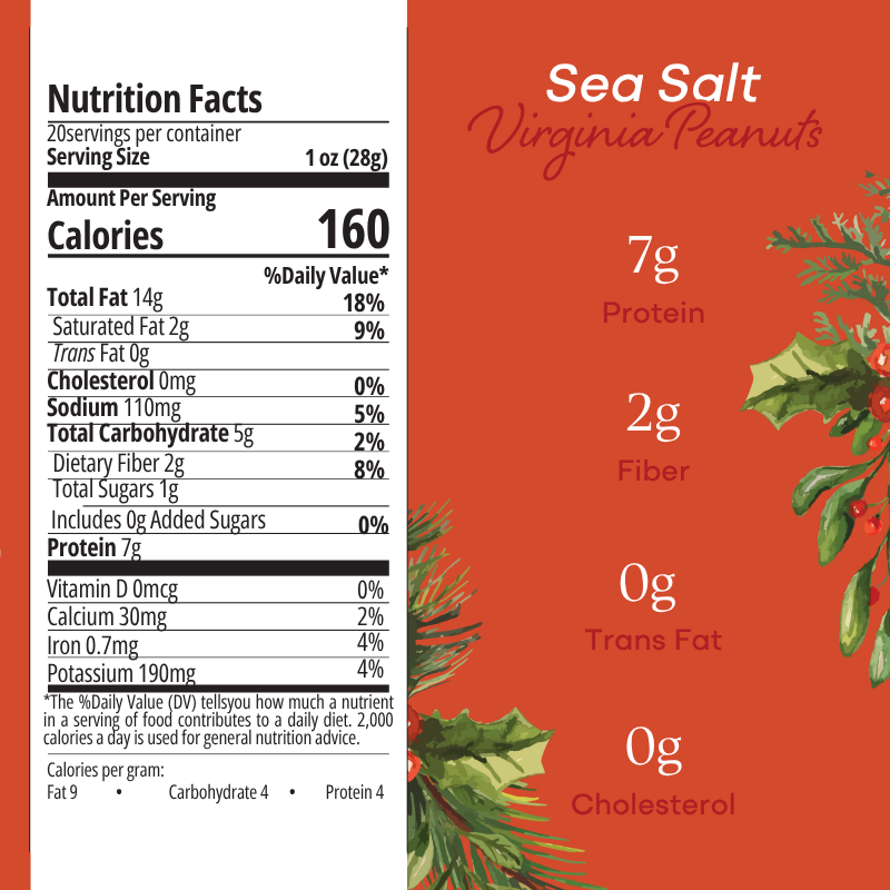 Nutrition label for Virginia peanuts with sea salt on a red background with holly leaves.
