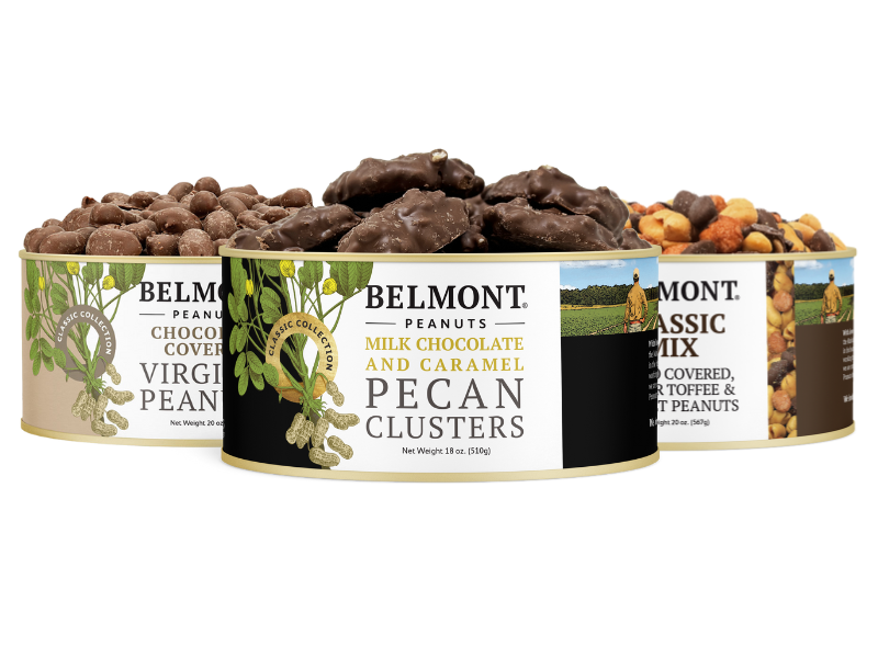 The Ultimate Chocolate Lovers Sampler features three round tins of snacks—chocolate covered peanuts, milk chocolate pecan clusters, and Classic Mix—making it a perfect chocolate gift for any occasion.