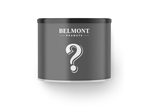 A black Mystery Can labeled "Belmont Peanuts" features a large white question mark on the front, hinting at delicious peanuts inside, all set against a plain white background.