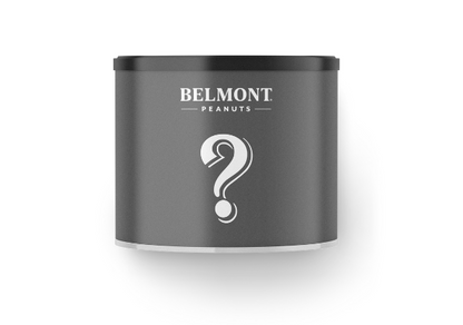 A black Mystery Can labeled "Belmont Peanuts" features a large white question mark on the front, hinting at delicious peanuts inside, all set against a plain white background.