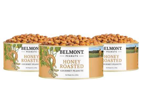 Three cans of Honey Roasted peanuts, each filled with jumbo peanuts. The cans display appealing peanut and honey graphics with clear labels, emphasizing these delicious honey roasted peanuts.