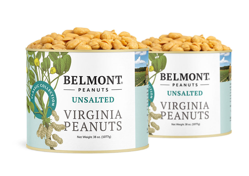 Two cans of Unsalted premium Virginia peanuts, no salt added. Each light blue and white can features peanut images and has a net weight of 38 oz (1077g).