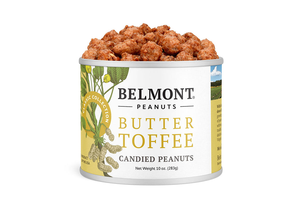A can of Butter Toffee, packed with sweet candy-coated peanuts, showcases peanut illustrations and product details on a white label.