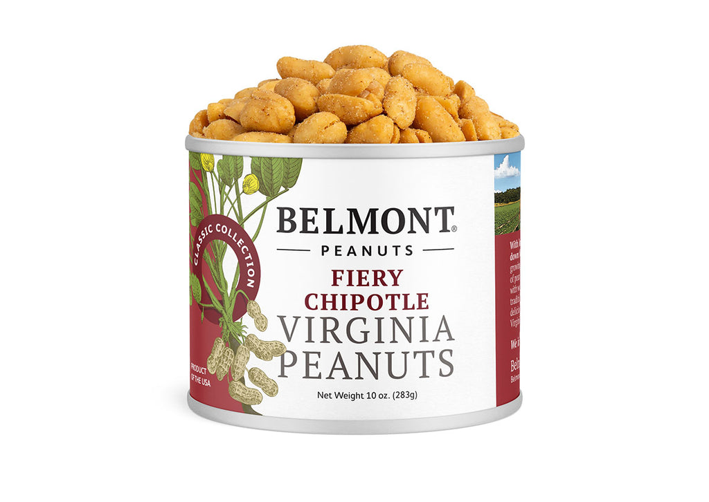 A 10 oz can of Fiery Chipotle peanuts, featuring roasted, seasoned peanuts spilling over the top and a label with peanut illustrations—ideal for anyone seeking a bold, protein-packed snack.