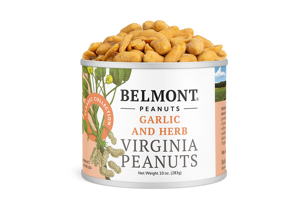 A 10 oz (283g) can of Garlic & Herb Virginia peanuts, filled with seasoned garlic peanuts. The label showcases peanut plant illustrations. A delicious, protein-rich snack.