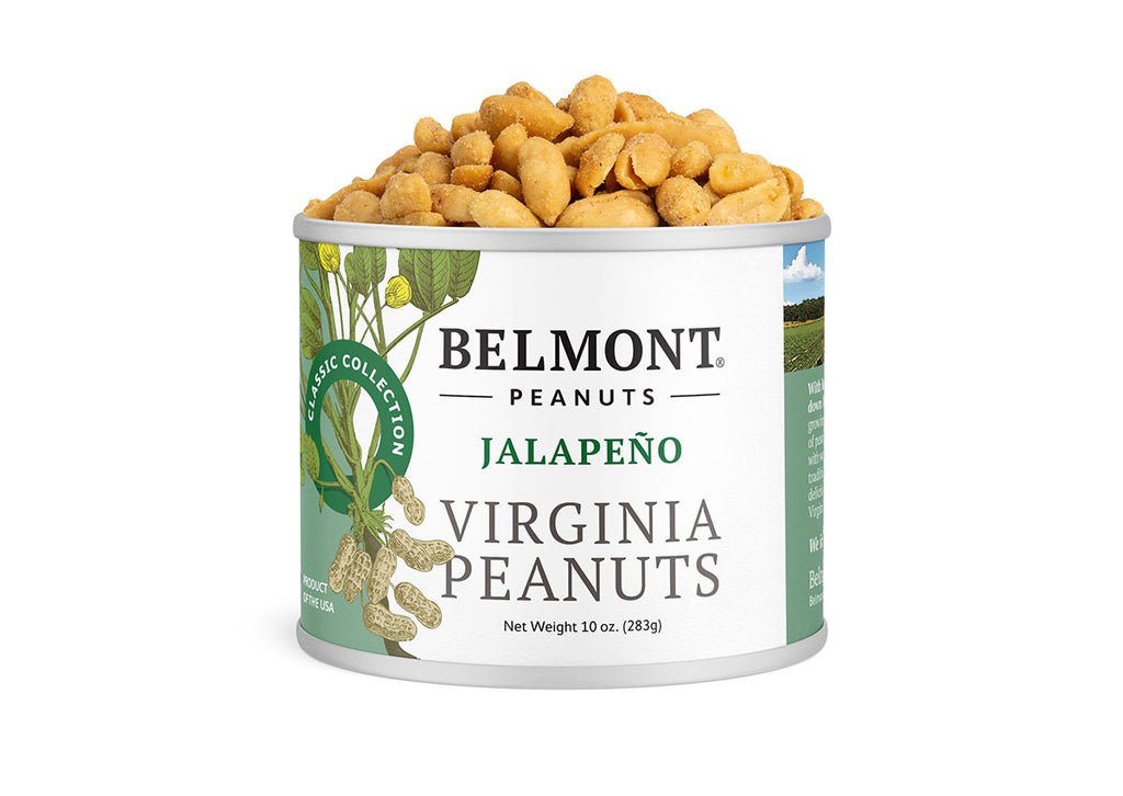 A 10 oz (283g) can of Belmont Jalapeno Virginia Peanuts features jalapeno-seasoned peanuts in white packaging with green accents and peanut illustrations.