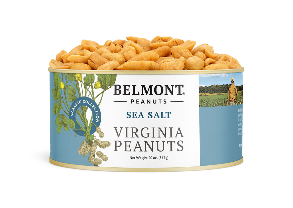A tin container of Belmont brand Sea Salt Virginia Peanuts with a graphic of peanuts and a Virginia landscape.