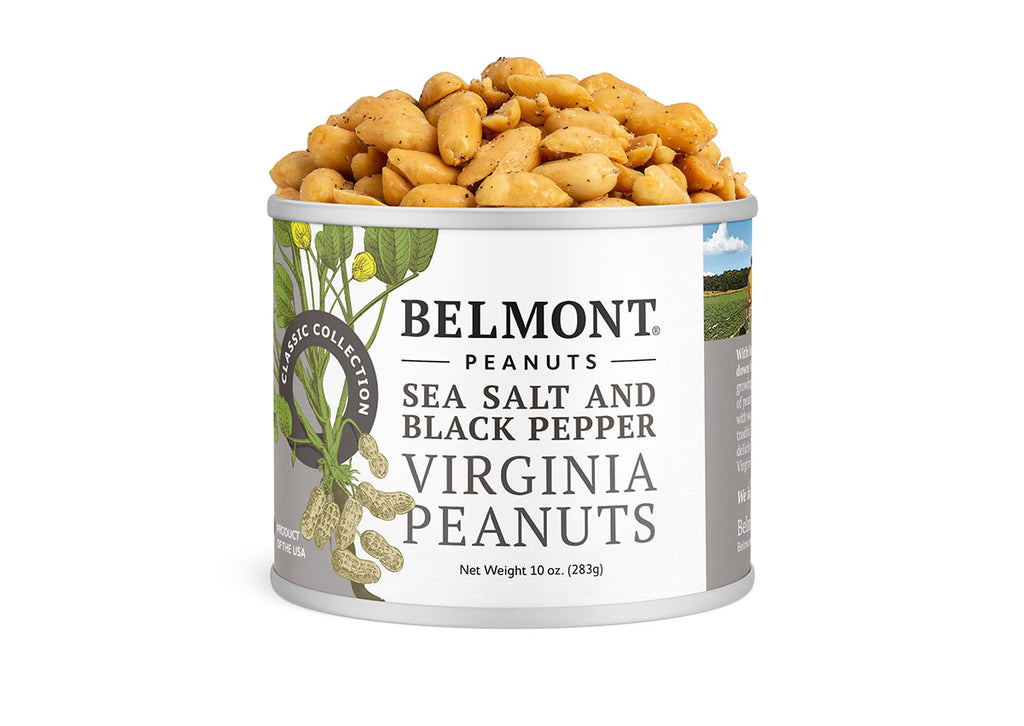 A can of Belmont Sea Salt & Black Pepper Virginia Peanuts, labeled with images of peanuts and peanut plants. The open 10 oz (283g) can is filled with seasoned peanuts.