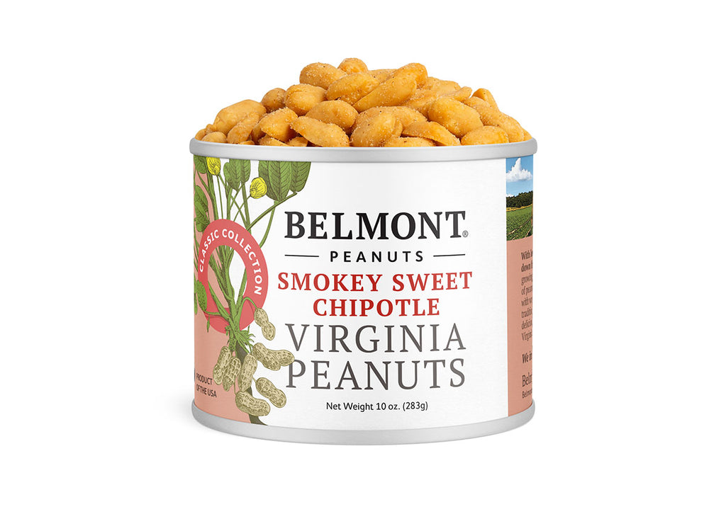 A 10 oz (283g) can of Belmont Peanuts Smokey Sweet Chipotle, featuring peanut plant art on the label, delivers a protein-packed snack.