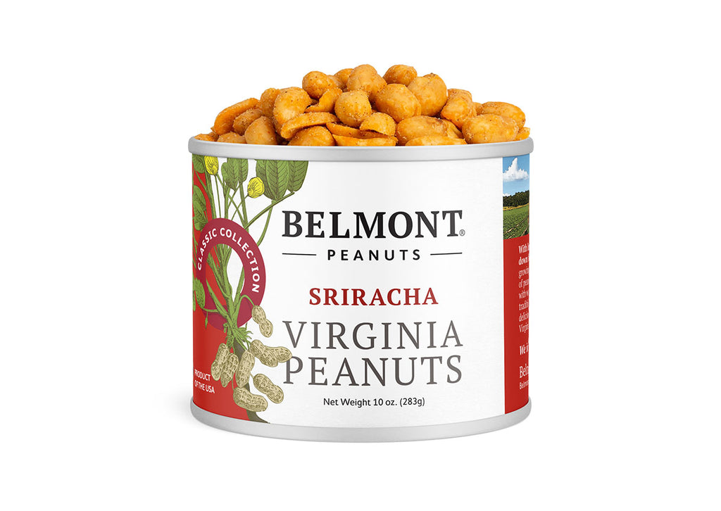 An open can of Belmont Peanuts labeled "Sriracha" features images of red chili peppers and peanuts, showing seasoned Virginia peanuts inside. Net Wt. 10 oz (283g).