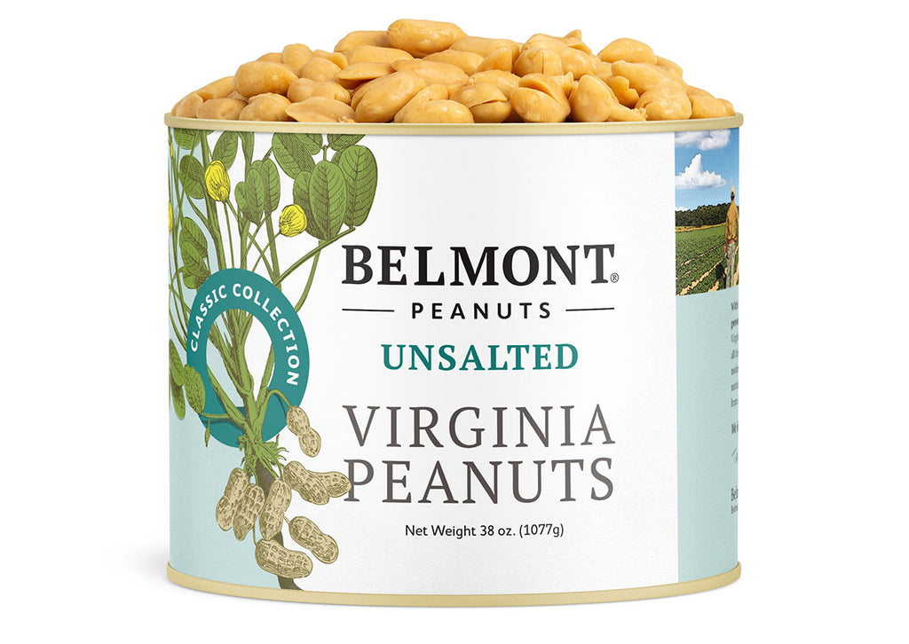 A can of Belmont Premium Unsalted Virginia Peanuts, Classic Collection, filled to the top. The label shows peanut plants and farm scenery. Product name: Unsalted. Net weight: 38 oz (1077g).