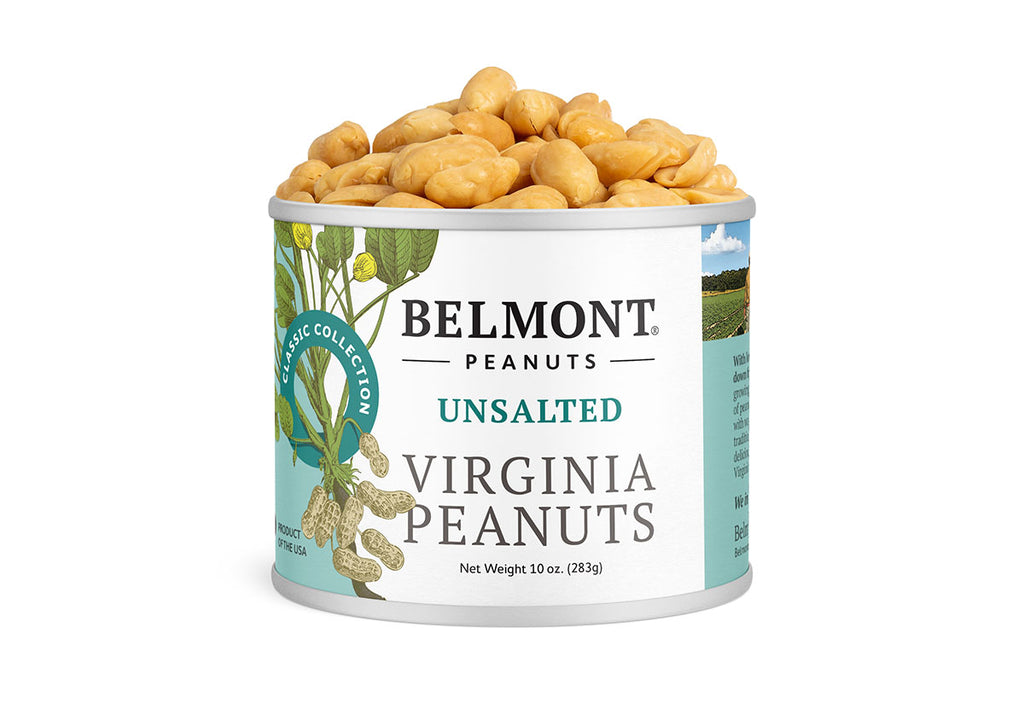 A can of Unsalted premium Virginia peanuts is filled to the brim. The white and light blue label features peanuts, green leaves, and emphasizes no salt added.